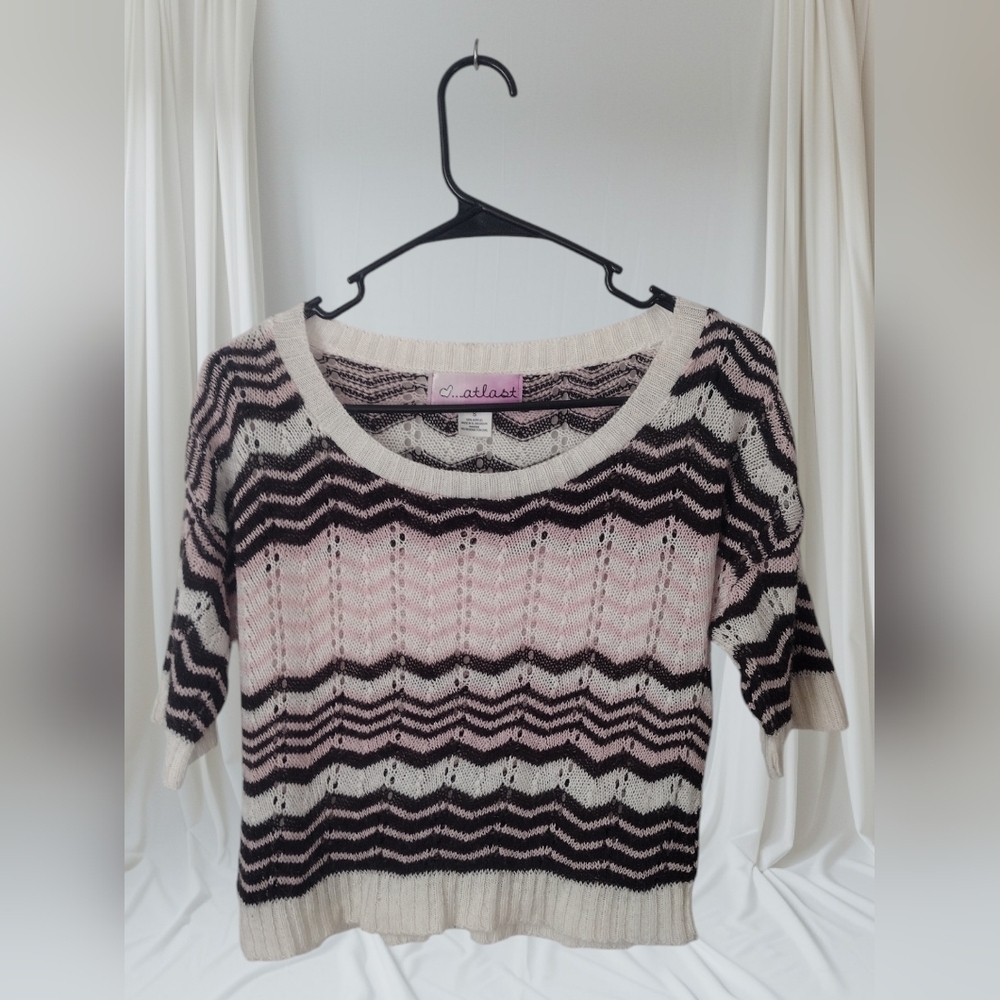 At Last Vintage Pink and Brown Eyelet Sweater